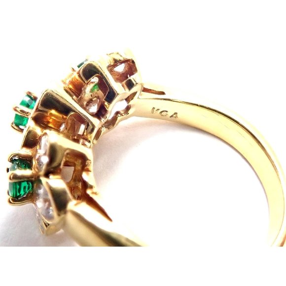 Authentic! Van Cleef & Arpels 18k Yellow Gold Emerald Diamond Fleurette Ring - Picture 6 of 9